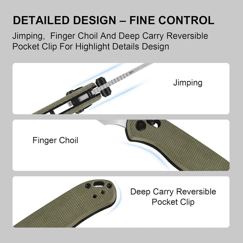KIZER Drop Bear 2 Pocket Knife, 2.85" Nitro-V Clip Point Blade Folding Knife with Green Micarta Handle, Clutch Lock EDC Knives with Jimping on Spine for Men Women V3619.2KC1 - Image 4